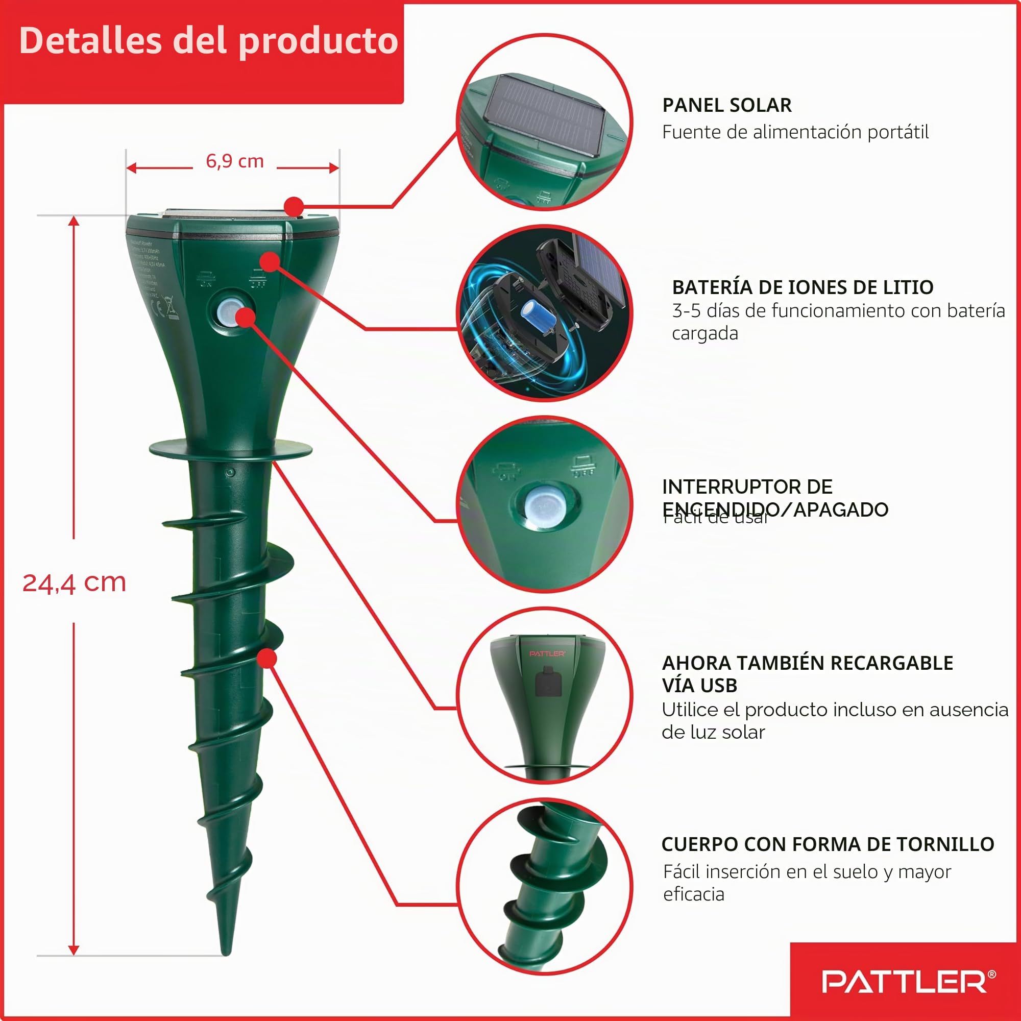 PATTLER® Juego de 2 distribuidores de Topos – Eficaz ahuyentar Topos en Aproximadamente 800 m² – Uso Flexible Gracias al módulo Solar – Innovador diseño de Tornillo Aumenta la eficacia