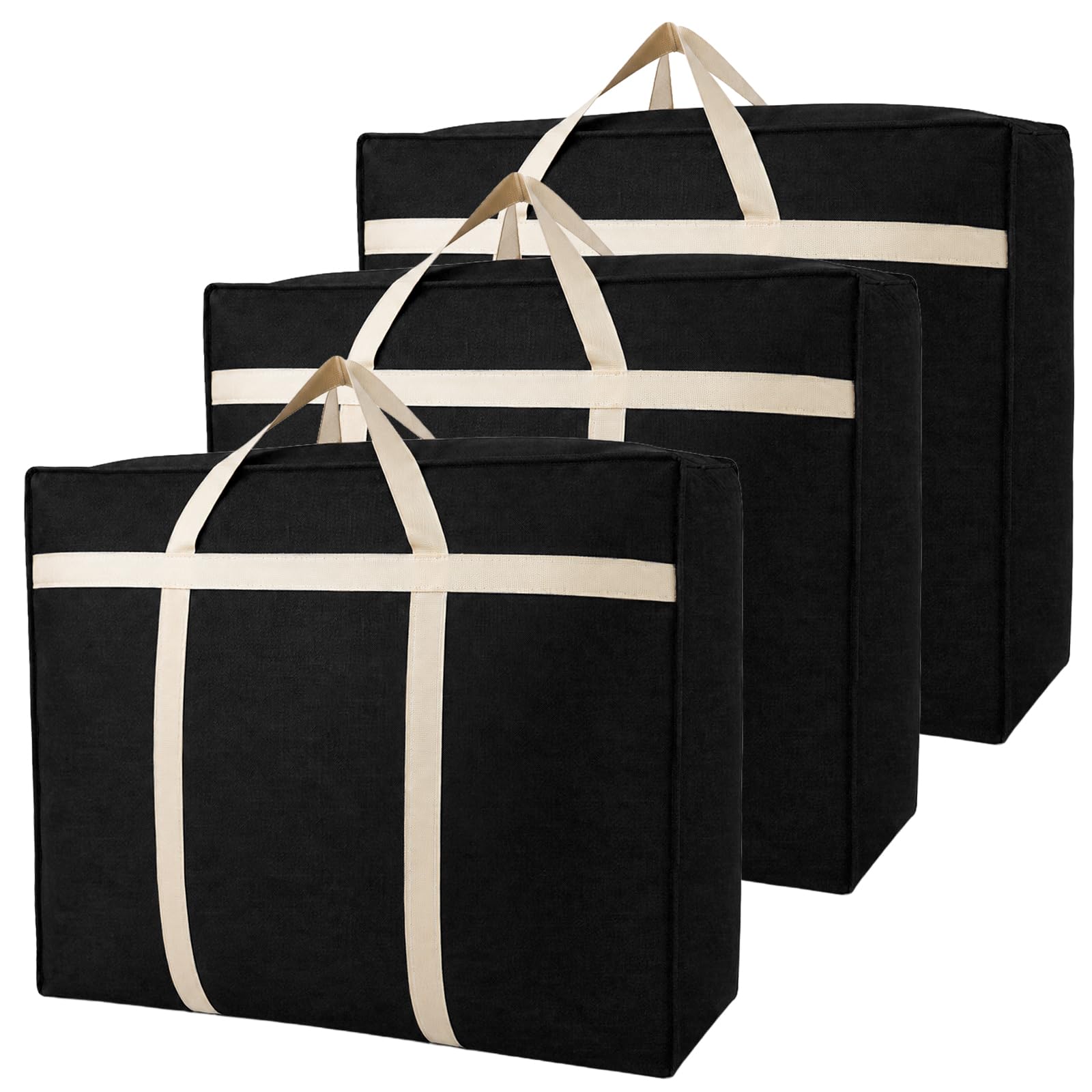 3 Pack 60L Heavy Duty Moving Storage Bags, Reinforced Handles Hold 60kg, Waterproof Storage Sacks with Strong Dual Zips, Foldable Organiser Moving Bags for Clothes, Bedding, House Moving (Black)