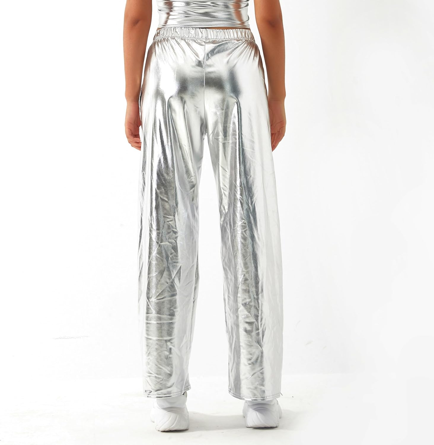 Women Shiny Hip Hop Trousers Metallic Wetlook Wide Leg Pants Retro Disco Hippie Club Straight Leg Pants Streetwear - Image 2