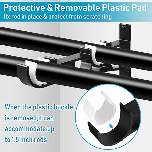 Miniatura 4 de Soportes dobles para barra de cortina, paquete de 6 soportes resistentes de 1 pulgada para cortinero, ganchos negros para colgar en la pared