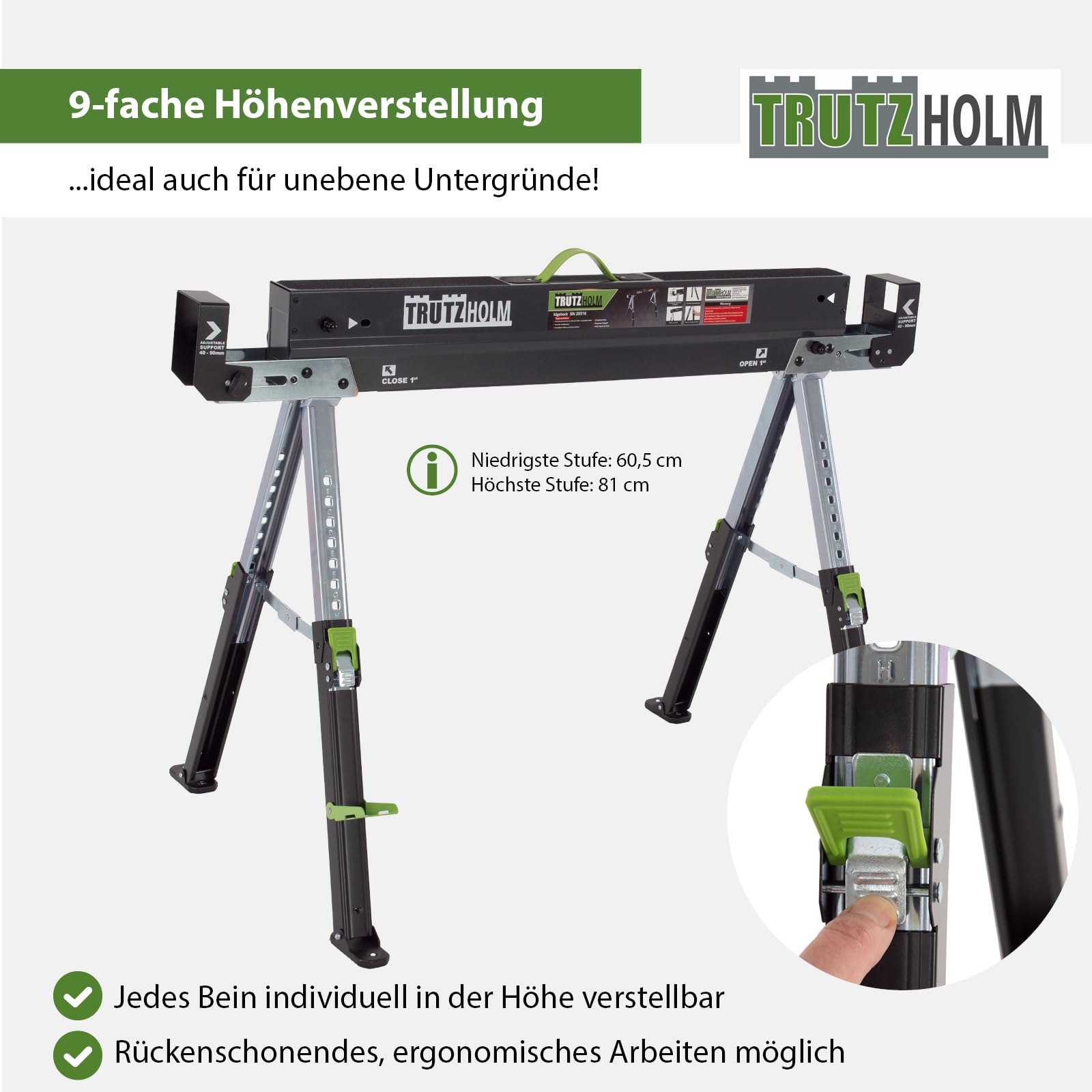 TRUTZHOLM 2x Sägebock 2.0 DELUXE 9-fach höhenverstellbar Stahl bis 1300 kg Klappbock Arbeitsbock Werkbock verstellbare Klemmen für Kanthölzer integrierter Tragegriff Unterstellbock Werkbank