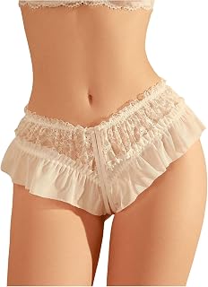 Women's Lace Trim Bow Back Underwear Briefs Y2K Sexy Mesh Low Rise Ruffle Thongs Lingerie Underwear