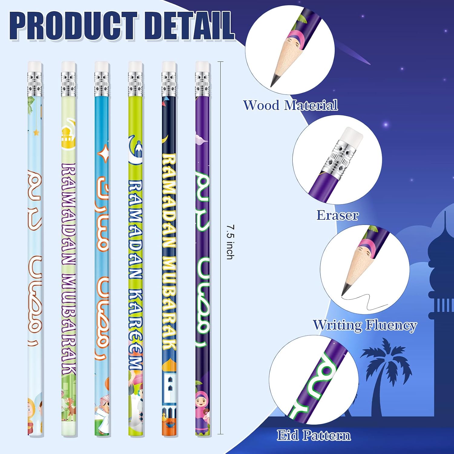 Crtiin 48 Pcs Ramadan Pencils Ramadan Mubarak Party Favors Novelty Toy Muslim Kids Gifts Bright School Party Supplies for Kids Students Classroom Learning Activities (Ramadan Style)