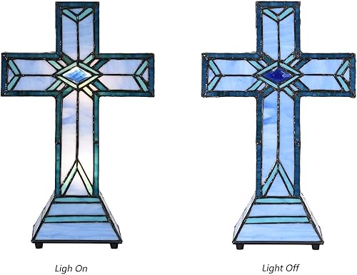 Miniatura 2 de Bieye L10815 Lámpara de mesa decorativa con diseño de cruz latina, estilo Tiffany, luz nocturna, 8.5 pulgadas de ancho x 13 pulgadas de alto, azul