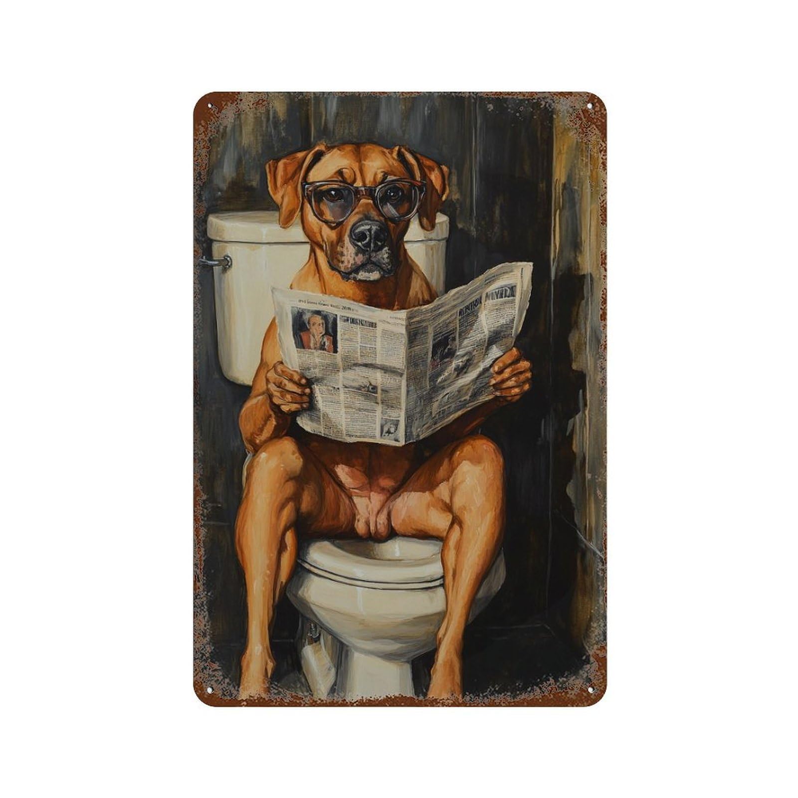Dog Reading Newspaper on Toilet-53 Rustic Tin Plaque 11.8"x7.9", for Pub, Kitchen And Man Cave Decor, Vintage Wall Decor