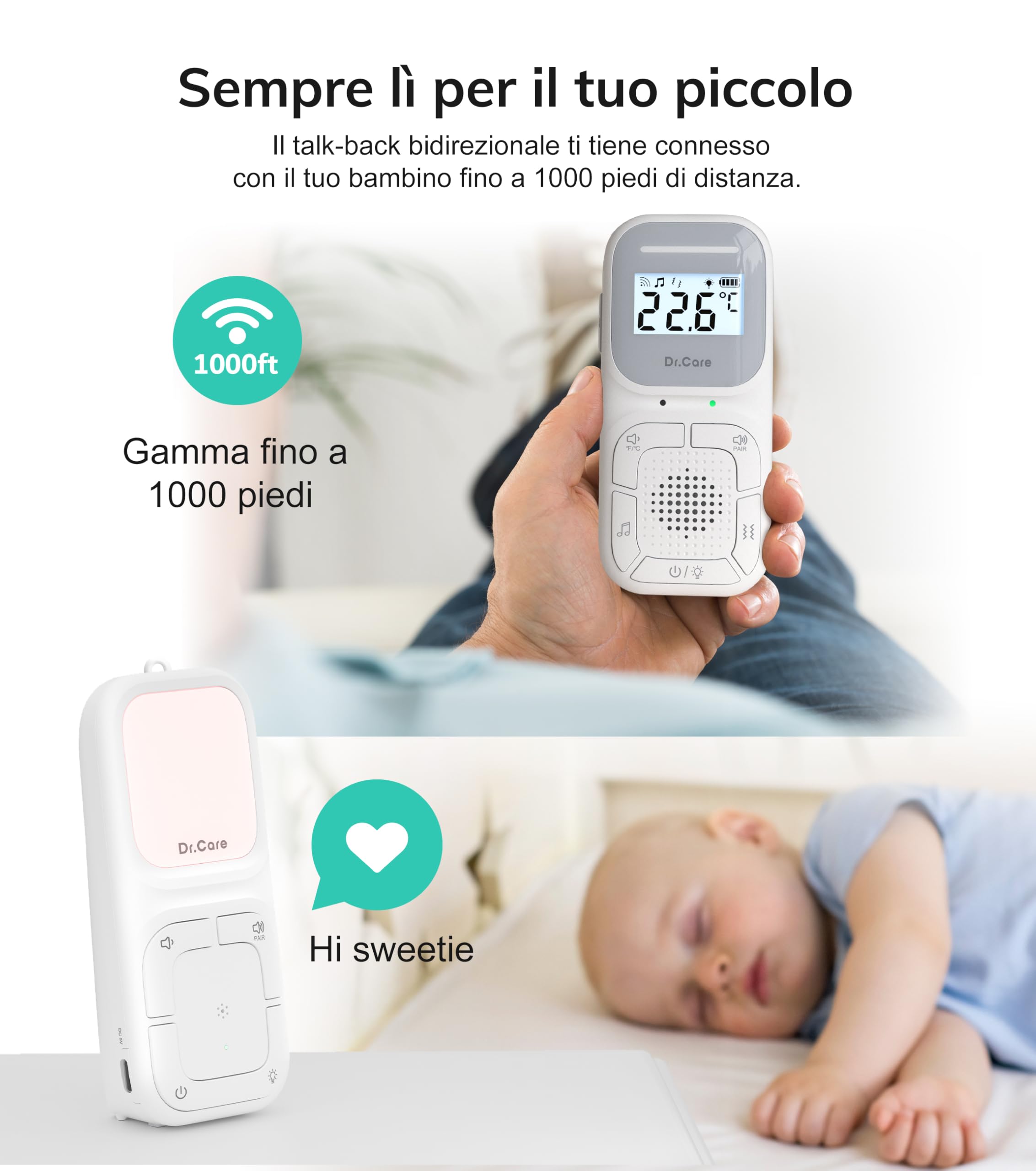 Dr.Care NeoGo Audio Baby Monitor pre-accoppiato VOX luce notturna portata 300 m