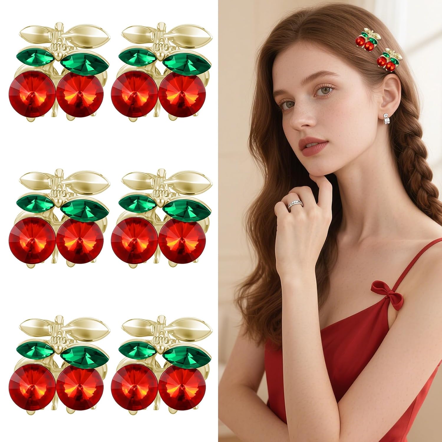 6pcs Cherry Hair Clips, Cute Cherry Claw Clips, Rhinestone Hair Claw Clip for Women Girls Half-Up Hairstyles, Decorative Rhinestone Accessories