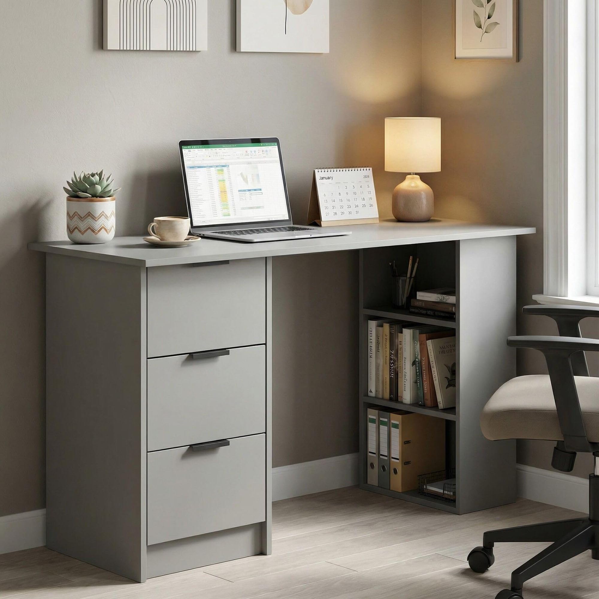 Home Source Phoenix 3 Drawer Computer Desk, Home Office, 120W x 49D x 72H cm, Grey or White, Particleboard and MDF, Scratch-Resistant