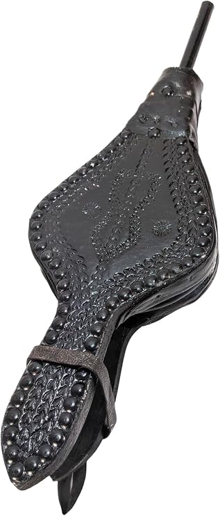 Vintage Moroccan Leather Bellows, Handmade, Approx. 42 x 13 x 19 cm / 17x7, Metal, Leather, Embossed Details