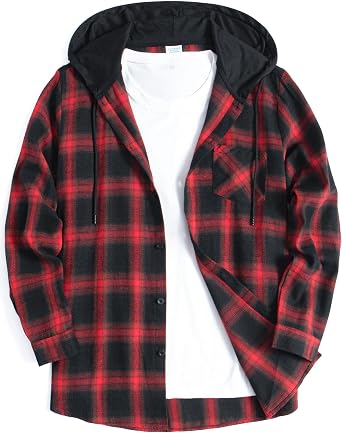 Mens Flannel Hoodie Shirts Casual Button Down Plaid Shirt Long Sleeve Lightweight Hooded with Pocket