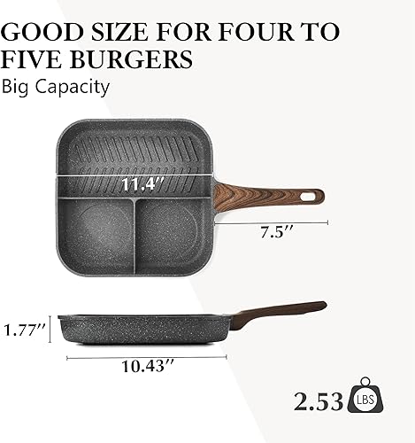 Miniatura 7 de Sensarte Sartén cuadrada antiadherente de 11 pulgadas, sartén versátil de desayuno de 3 secciones, aluminio fundido a presión, PFOA, PFOS, libre de