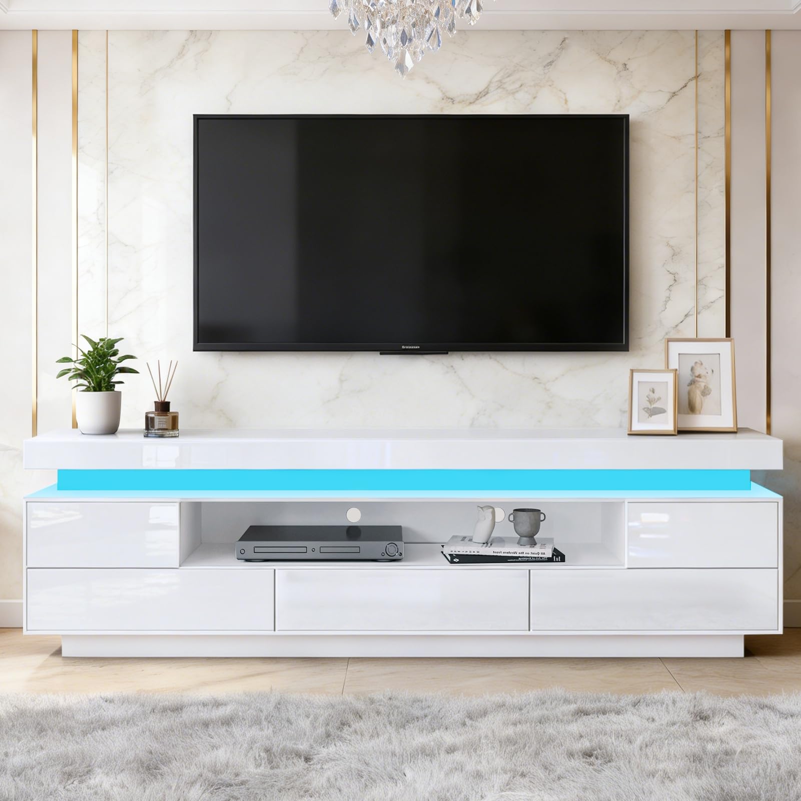 LED-TV-Schrank 160cm Moderner Hochglanz-TV-Schrank mit 3 Schubladen, Sideboard für Schlafzimmer, Wohnzimmer, Wohnmöbel (Weiß)