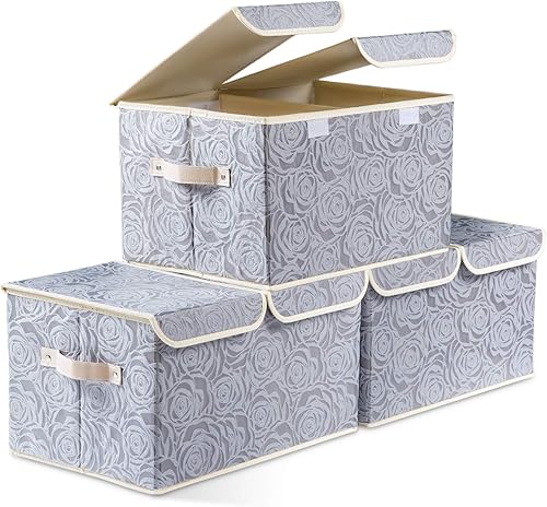 Miniatura 11 de PRANDOM Cajas de almacenamiento plegables jumbo con tapas, cubos de almacenamiento decorativos de tela, cestas organizadoras con asas de cubierta y
