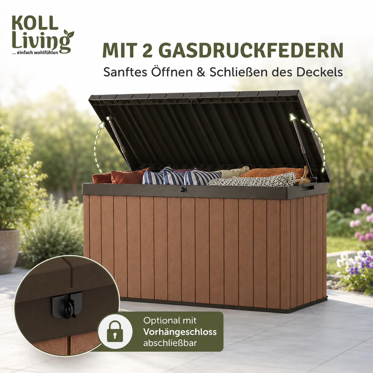 Koll Living Auflagenbox/Kissenbox Darwin l 100% Wasserdicht l mit Belüftung dadurch kein übler Geruch/Schimmel l Moderne Holzoptik l Deckel belastbar bis 300 KG (2 Personen) (Braun, 570 Liter)