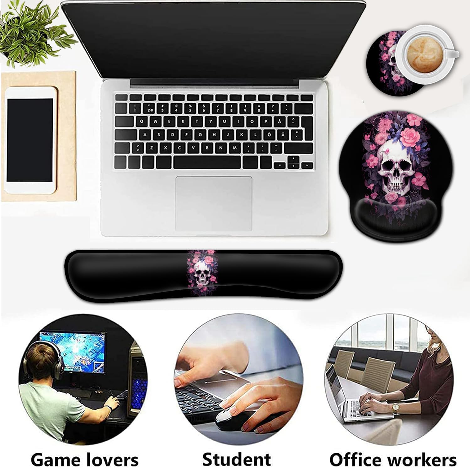 Ergonomic Gaming Mouse Pad Wrist Support and Memory Foam Keyboard Wrist Rest with Anti-Slip Base for Home Office Computer Desk Pad, Gel Black Mouse Pad, Funy Skulls and Pink Flowers Desk Mat