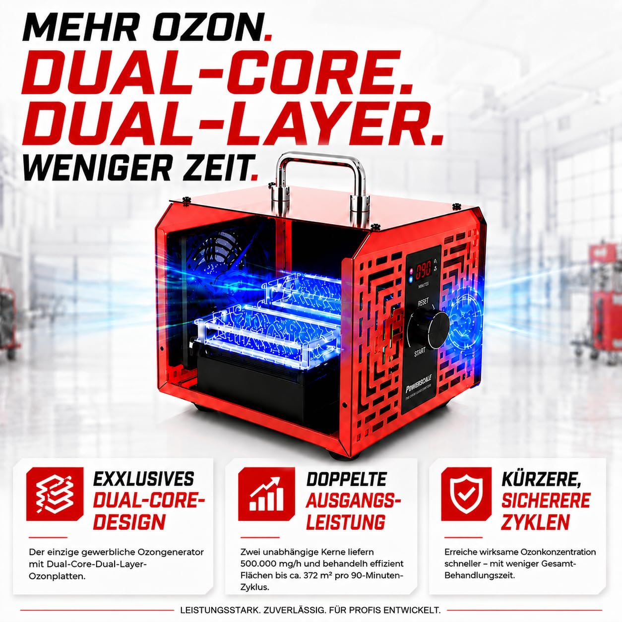 Powerscale OZB4 Ozongenerator 500000 mg/h, industrielles Ozongerät mit intelligenter Steuerung zur Geruchsbeseitigung, leistungsstarker Luftreiniger für große Räume, Schwarz/Rot