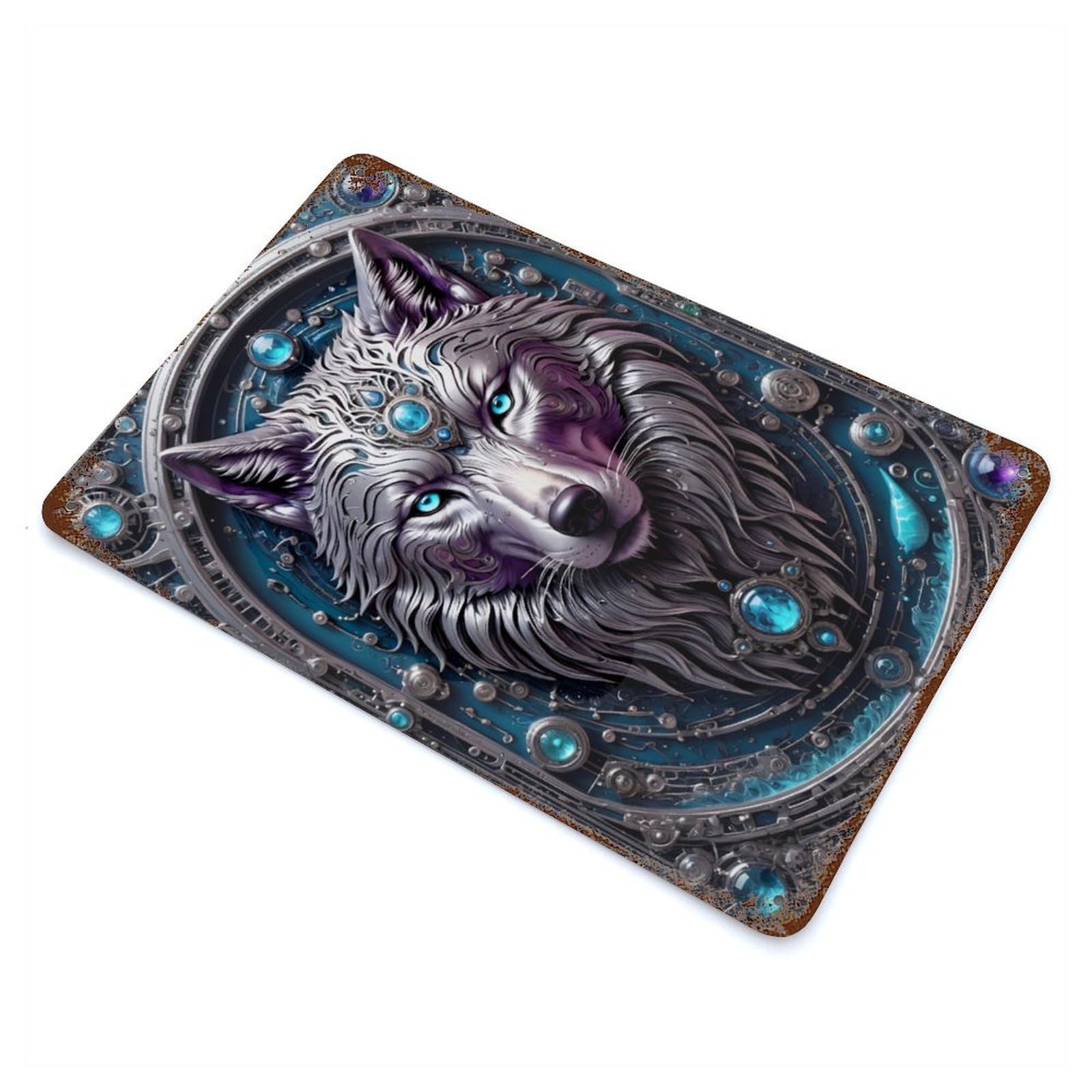 Rust Effect Steampunk Metal White Wolf Aged Metal Wall Plaque 11.8"x7.9", Farmhouse Wall Decor for Office, Studio And Wall Decor