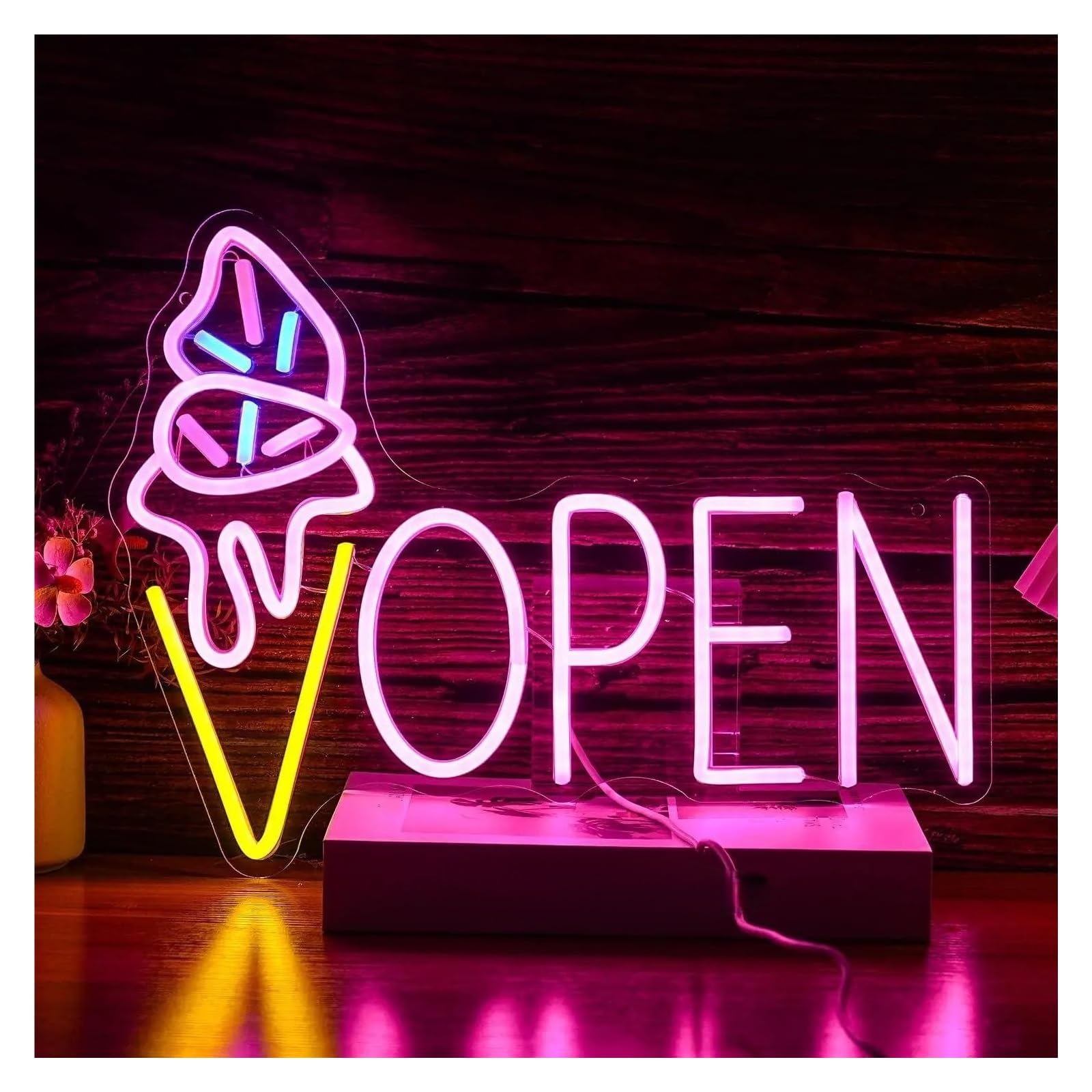 Luces de neón Letrero De Neón Con Luz De Helado Abierto Para Negocios Tiendas Postres Bares Fiestas Cafeterías Decoración Lámpara Iluminada Regulable 38cmx29cm