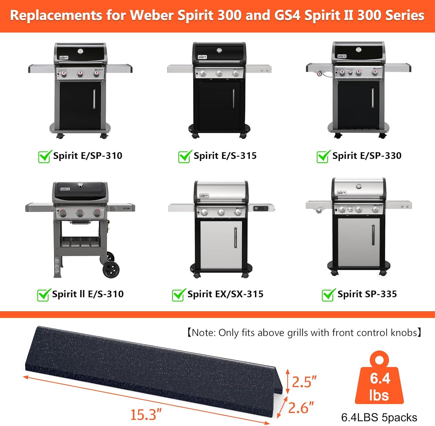15.3" flavorizer bars for weber spirit 300 & gs4 ii 300 series, spirit e310 e315 e320 e330 s310 s315 s320 s330 grills with front control knobs, spirit 310 replacement parts for weber 7636 69797 68843 15.3"×2.6"×2.5" snow porcelain steel