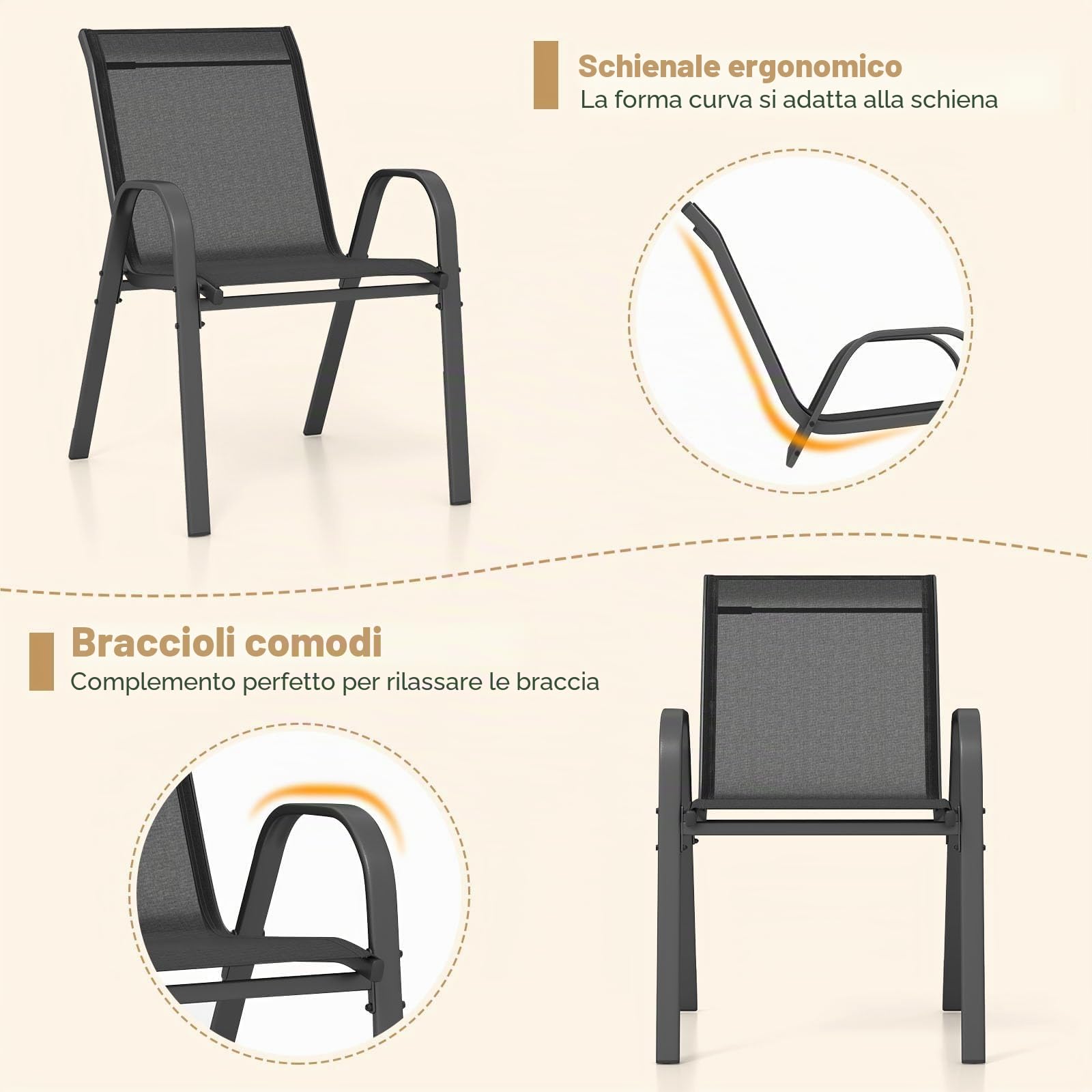 FANTASK Set di 4 sedie da giardino, impilabili, portata fino a 150 kg, sedie da balcone in textilene e struttura in metallo, 56 x 70 x 84 cm, colore nero