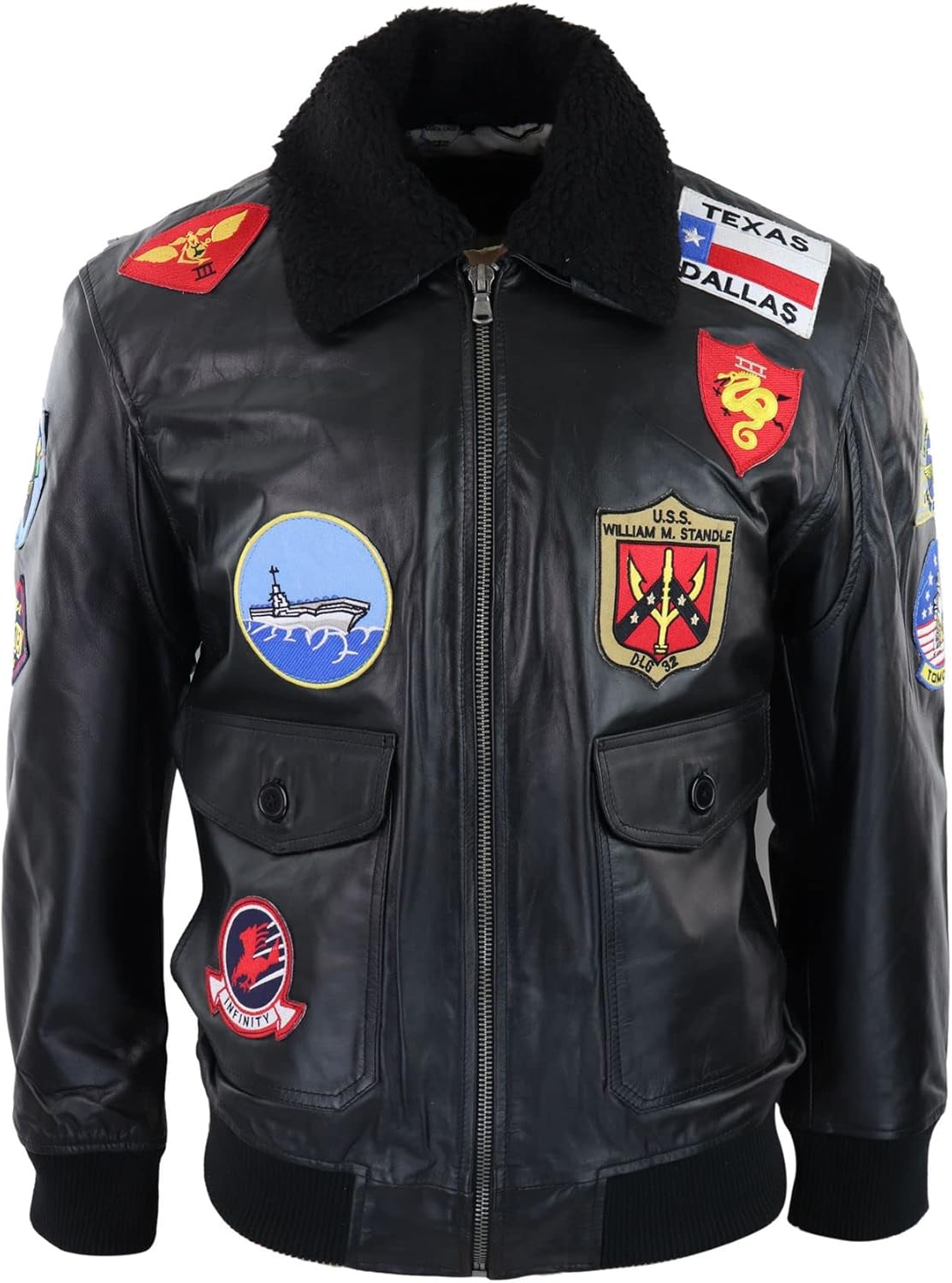 TruClothing Mens Black Jacket Pilot Bomber US Badges Black Fur