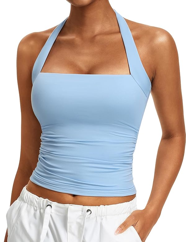 Avidlove Womens Halter Tank Tops Summer Ruched Going Out Tops Double Layer Crop Top Slimming Fit Camisole Light Blue L by Avidlove - Used condition - US$13.74