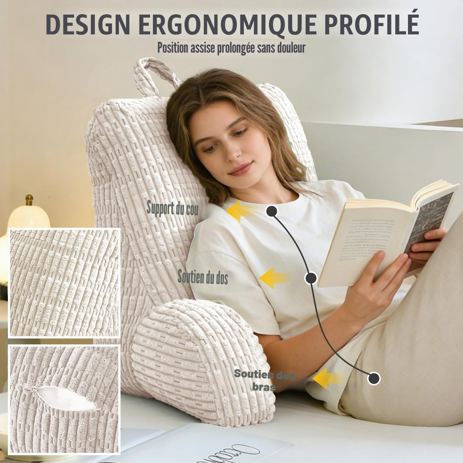 Coussin de Lecture pour Lit et Canapé, Canapé Adulte avec Coussin de Dossier, Coussin d'Assise avec Accoudoir, Dossier, Convient pour Regarder la Télévision, Lire, Jouer au Téléphone(Blanc)
