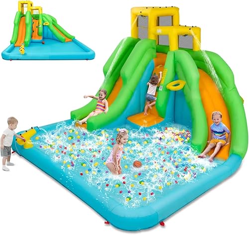 Vista 15 de HONEY JOY Tobogán acuático inflable, parque acuático 6 en 1 para niños con pared de escalada y 2 toboganes largos, piscina de salpicaduras, cañones