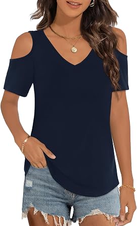 Elesomo Womens V Neck Cold Shoulder Tops Short/Long Sleeve Summer T Shirts