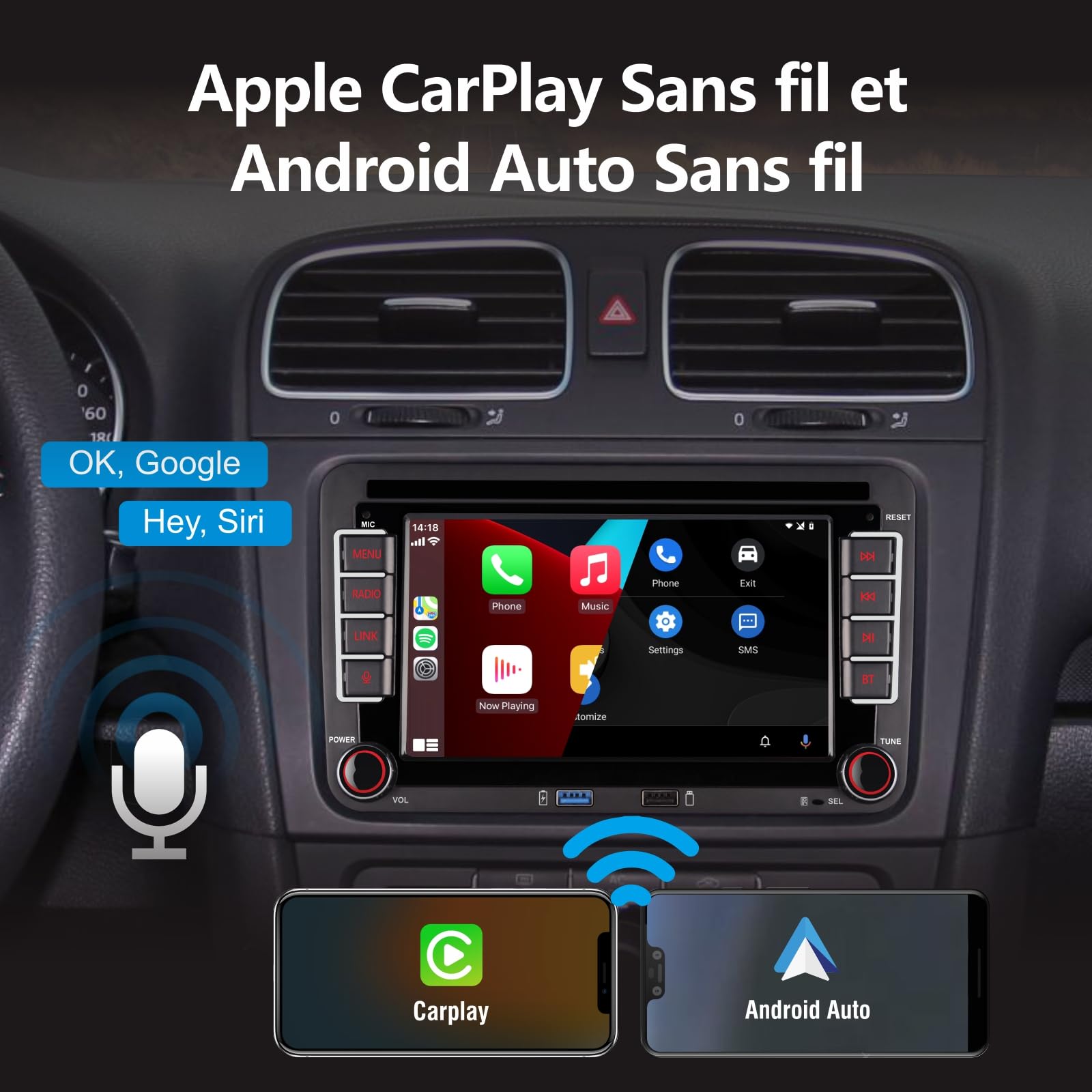 [Mise à Jour 2026] Autoradio Compatible avec CarPlay sans Fil Android Auto avec Bluetooth/FM/AM Radio/USB/Puissance élevée pour VW Golf 5 6 Passat Jetta Caddy EOS T5 Tiguan Touran CC Polo