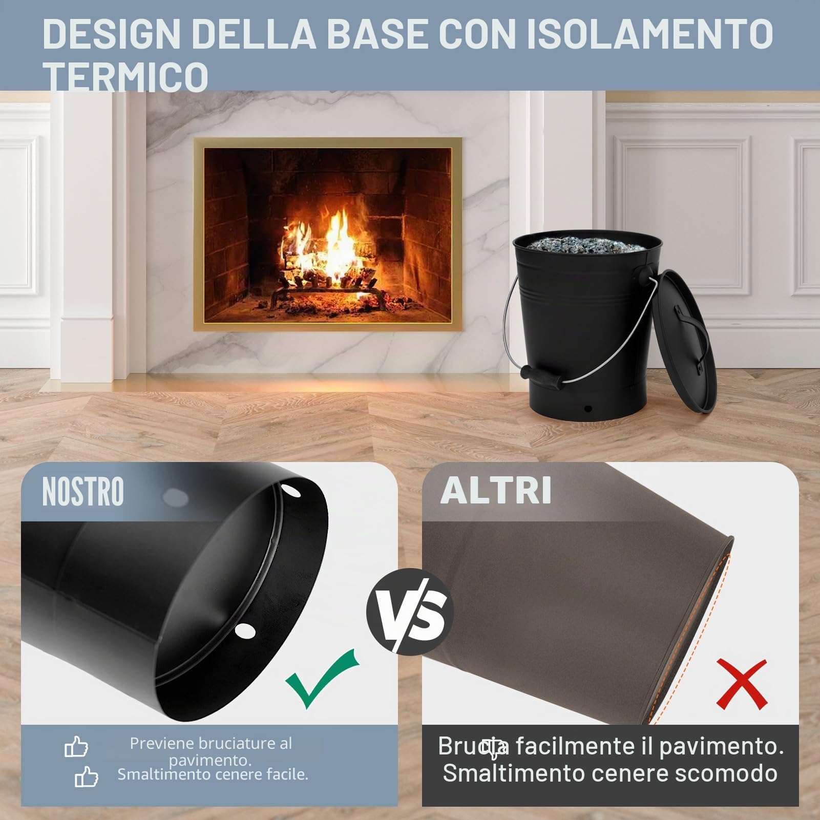 INNO STAGE Secchio per cenere con coperchio e manico in legno Pala per carbone, secchio porta cenere per caminetto, braciere, stufa a legna nera