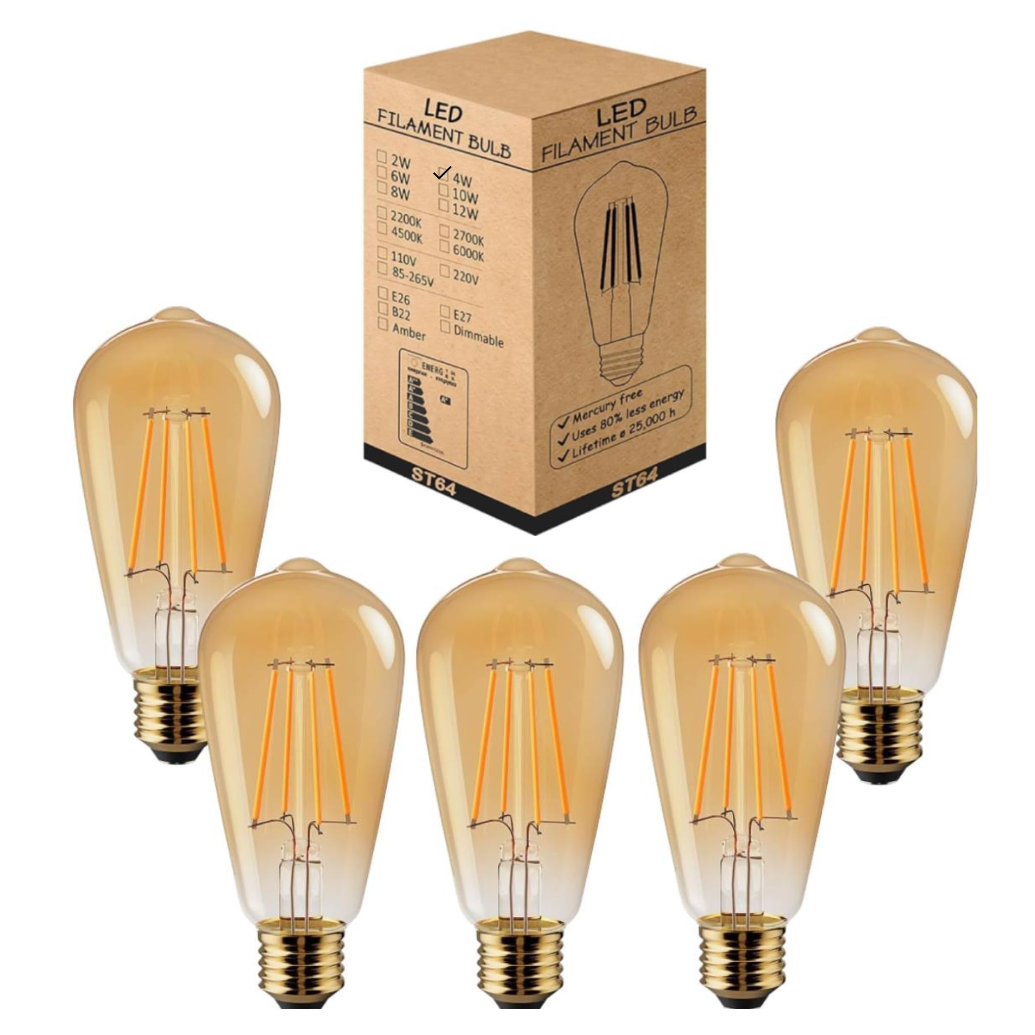 LEDSone Pack 5, Vintage LED E27 Screw Bulb, ST64 4W Edison Light Bulb, Dimmable LED Filament Light,Teardrop Shape Bulb Warm White 2700K Amber Glass, 450 Lumen, 90% Energy Saving Squirrel Cage Lamp