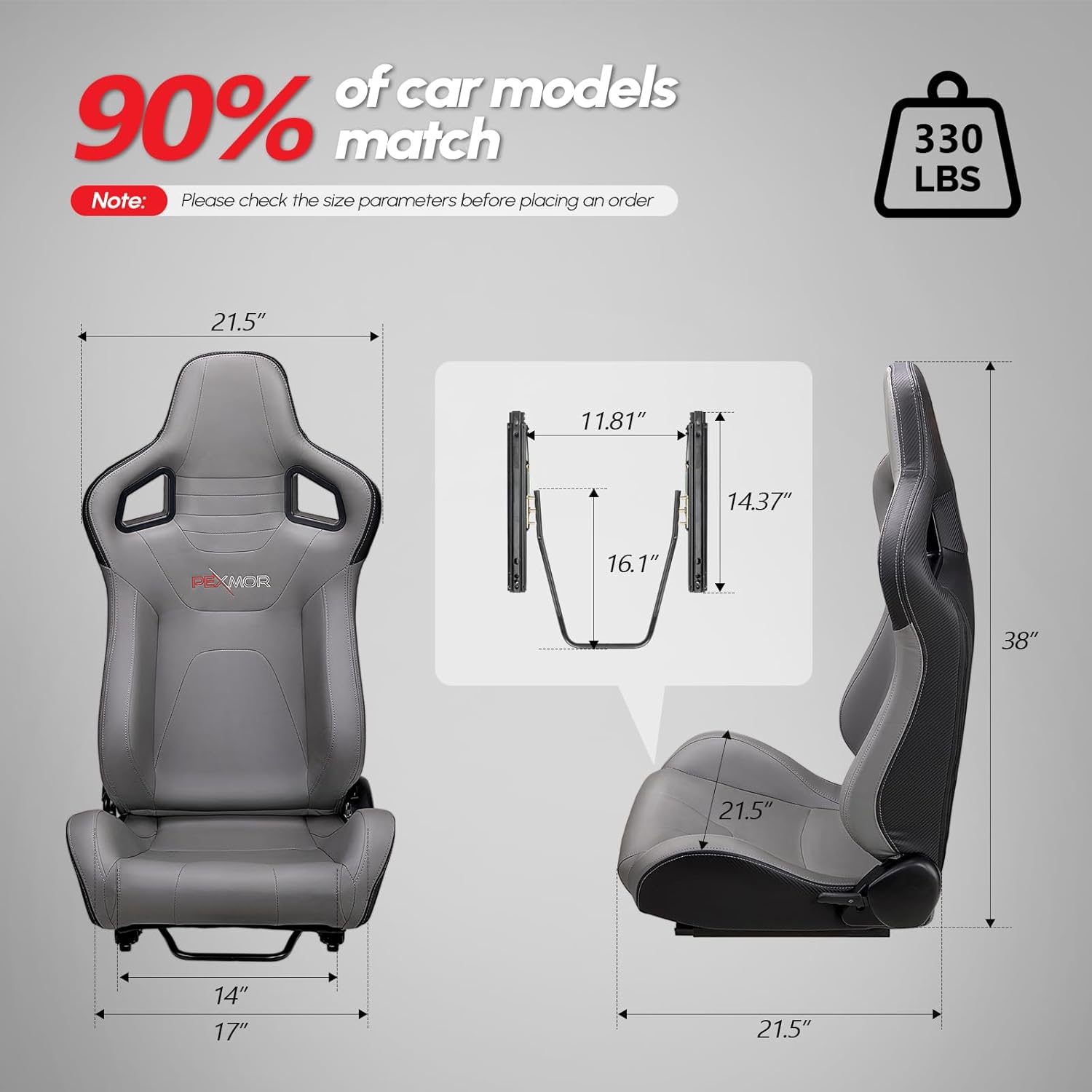 PEXMOR 2 Pcs Reclinable Universal Racing Bucket Seats w/Dual Slider, PU & Carbon Leather Adjustable Race Seats for Cars, Driver and Passenger Side, 21.5" W X 21.5" D X 38"H