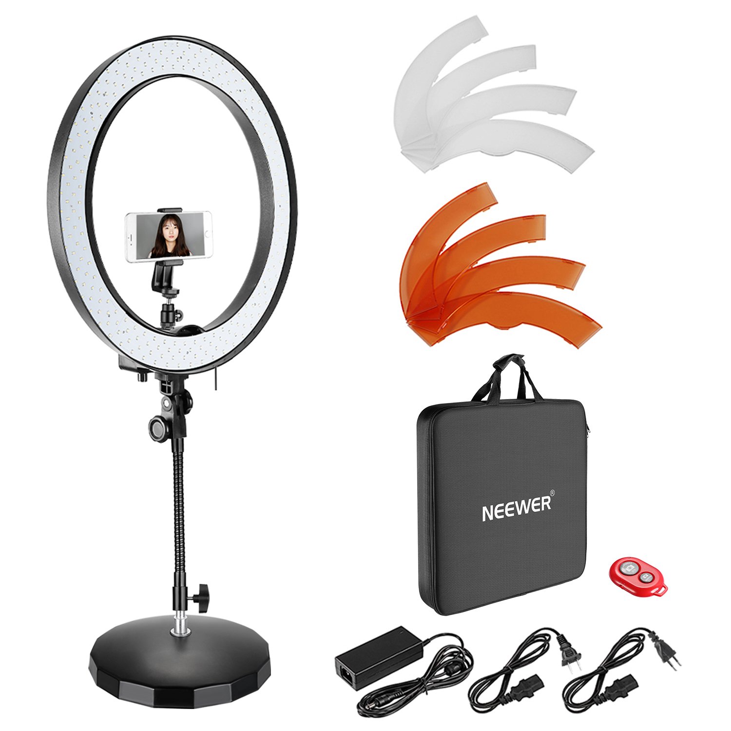 Neewer 18-inch Outer Dimmable Bi-Color SMD LED Ring Light with Flexible Tube Arm, Weighted Metal Base, Diffuser, Phone Holder and Color Filter for Photo Studio Portrait Video Shooting (US/EU Plug)
