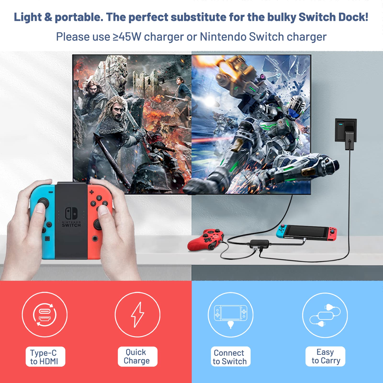 Switch TV-Dockingstation, tragbarer Ladeständer für Nintendo Switch, kompakter USB-C auf HDMI-Adapter, Mini-Switch-Dock mit USB 3.0-Anschluss, Ersatz-Dockingstation für Nintendo Switch… (Black)