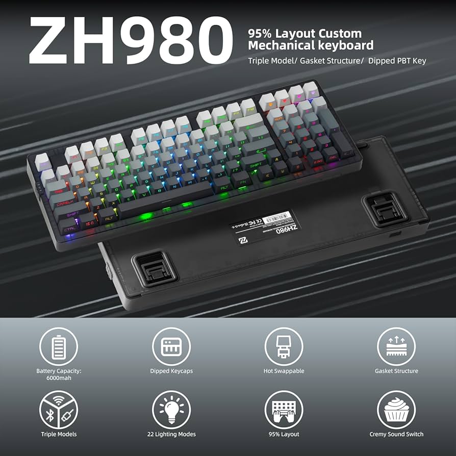 Amazon.com: ZORNHER ZH980 Mechanical Keyboard Wireless,95% Black