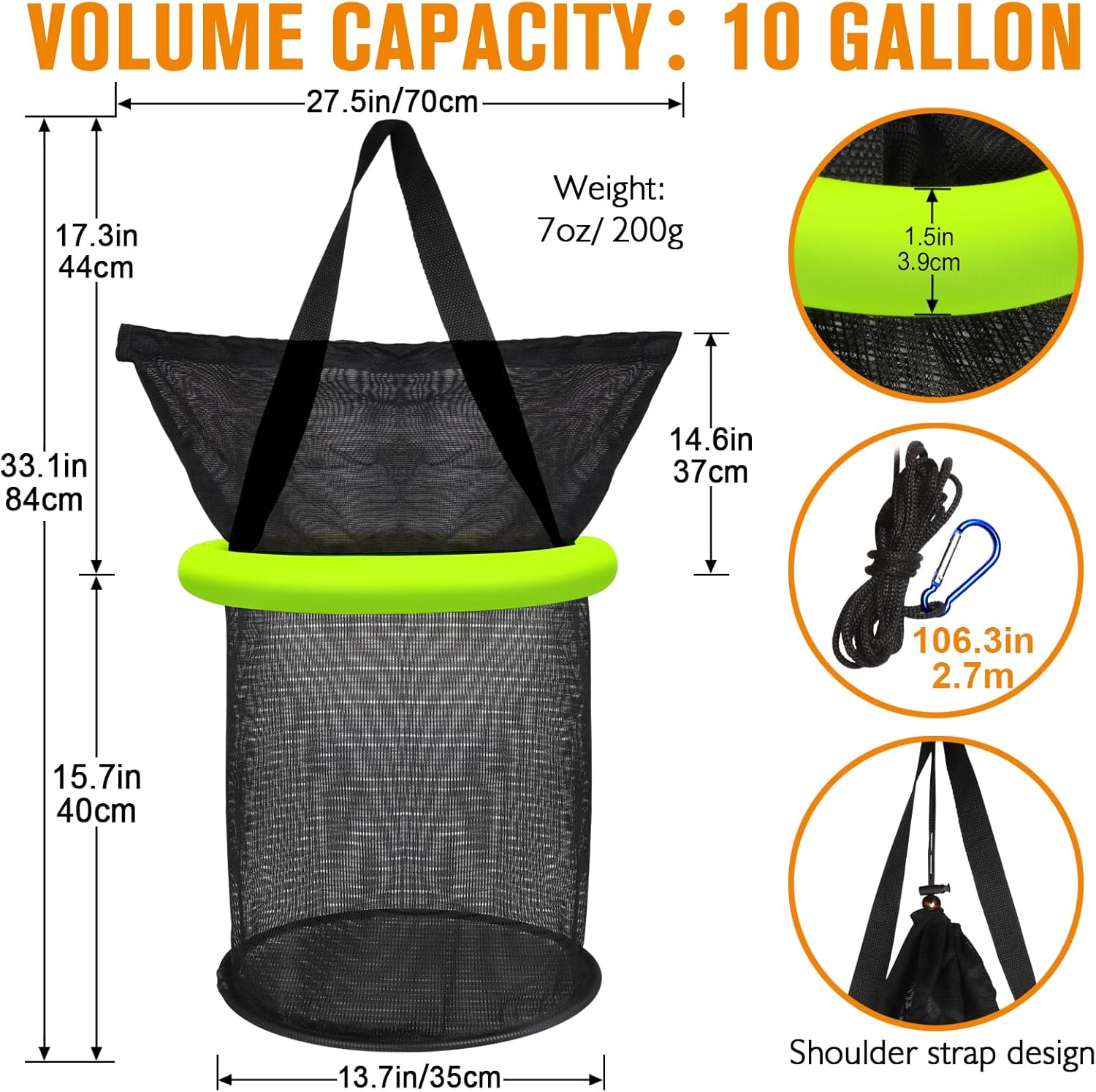 Dovesun Floating Fishing Basket, Collapsible Fishing Net Portable Nylon-mesh | Coated Nylon Net Bait Storage Cage for Keeping Crayfish Minnows Leaches and Other Live Baits