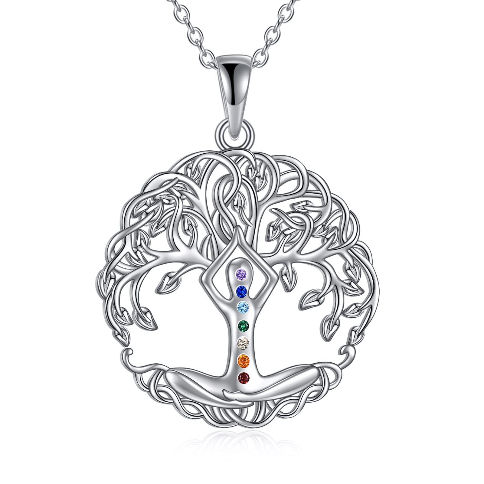YAFEINI Chakra Necklace 925 Sterling Silver Angel/Tree of Life/Lotus/Dragonfly Neckalce Healing Crystal Pendant Neckalce Chakra Jewelry Gift for Women