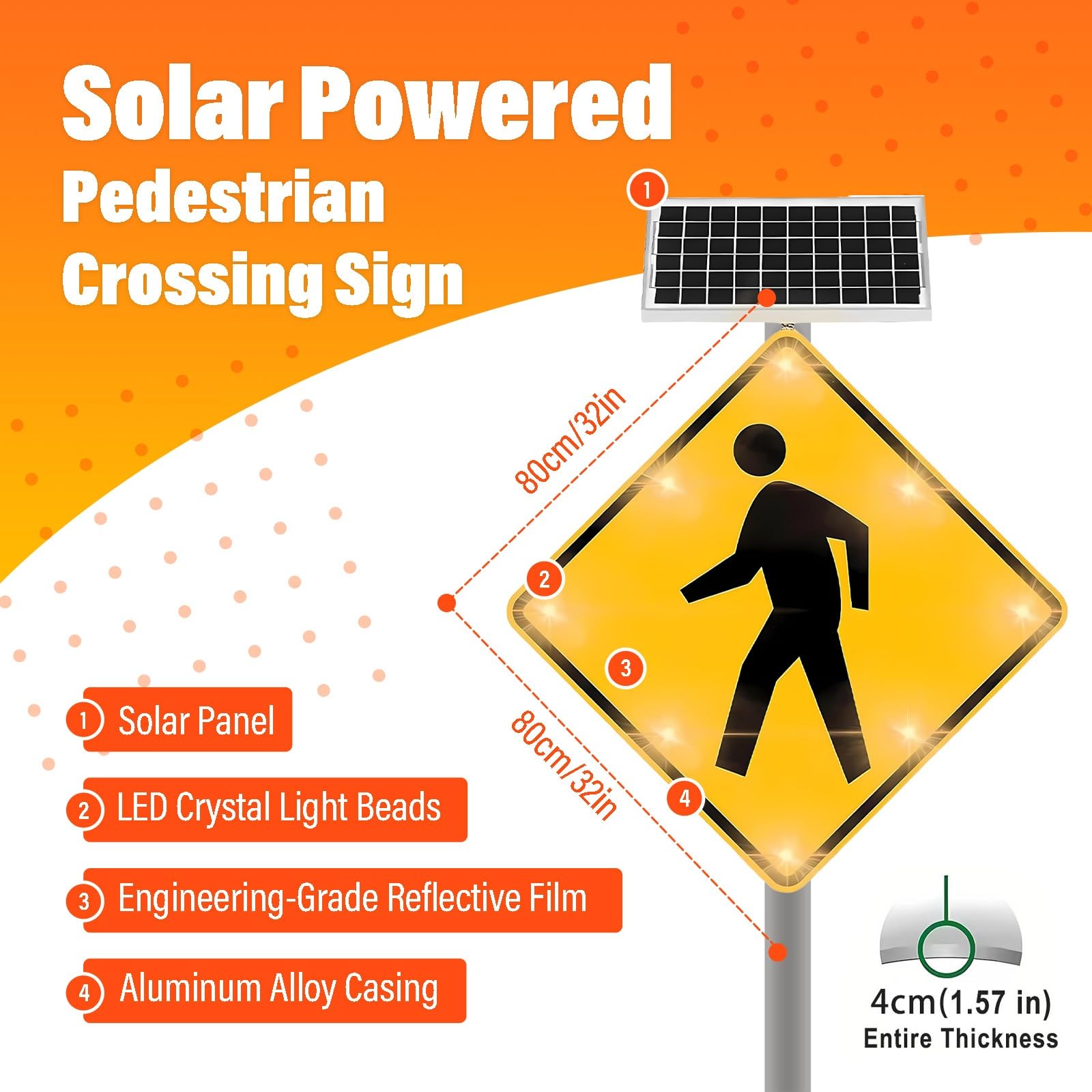 Señal LED de cruce peatonal – Señal de advertencia de tráfico reflectante de alta visibilidad con energía solar para escuela, carretera, entrada y áreas comunitarias