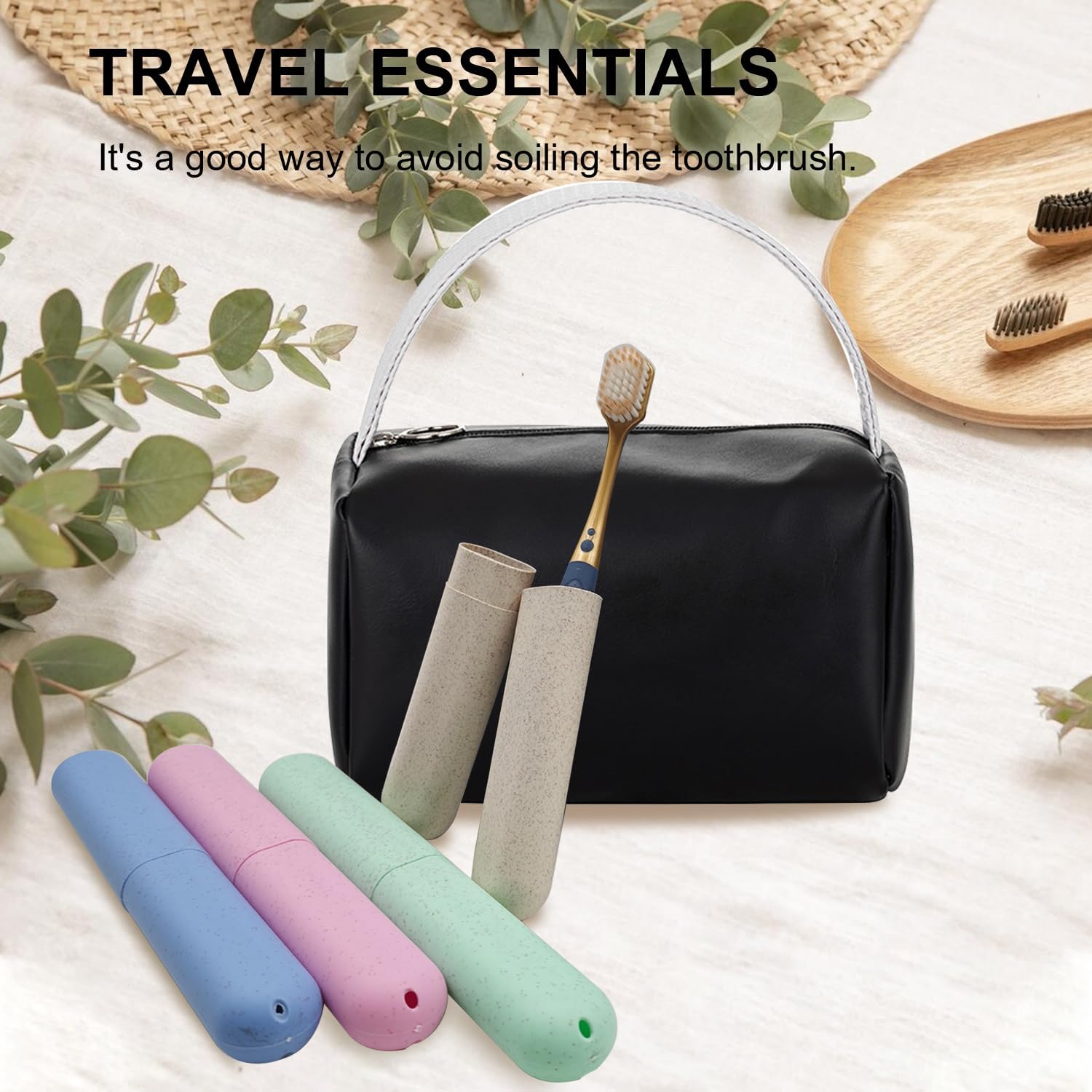 4 Pack Portable Toothbrush Cases, Breathable Plastic Holders and Leather Travel Toiletry Bags, Organizers for Home, Business, Camping（black）