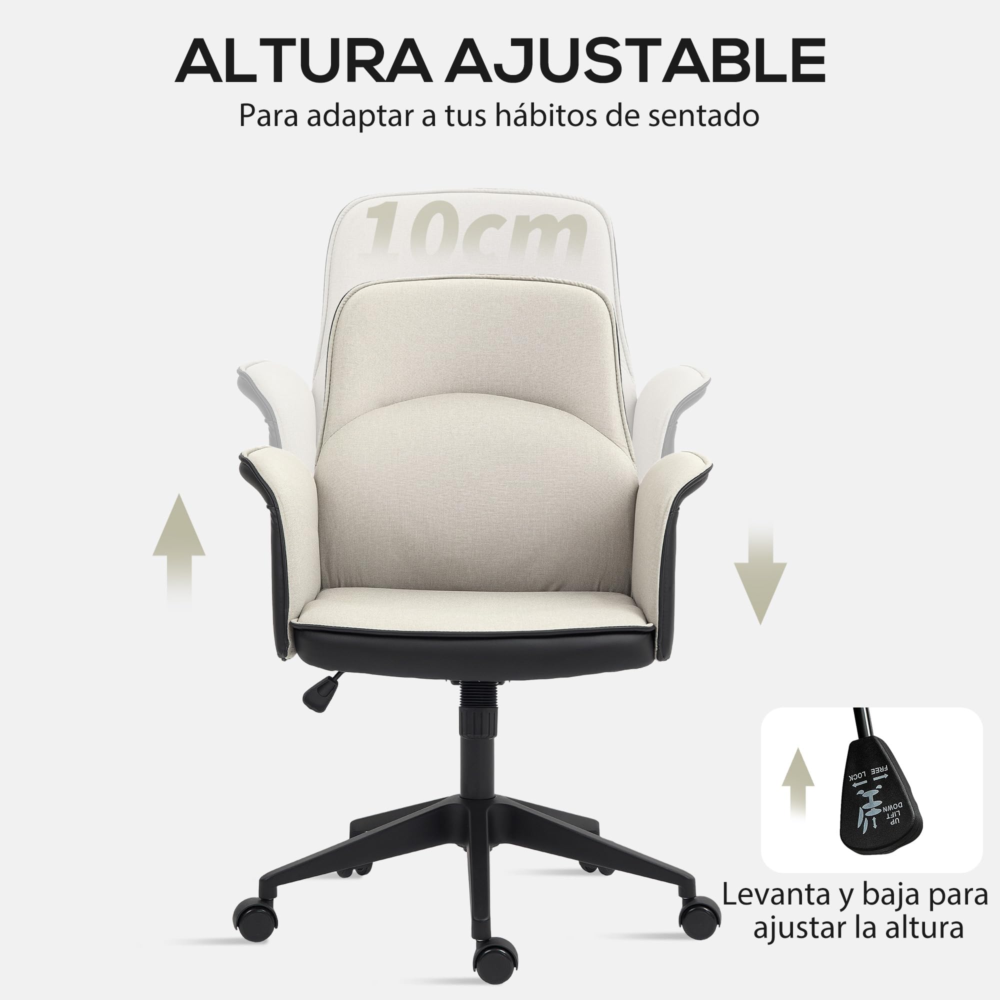 HOMCOM Silla de Oficina Basculante Silla de Escritorio Giratoria Tapizada en PU y Lino Altura Ajustable Reposabrazos Silla de Estudio Carga 120 kg Beige y Negro