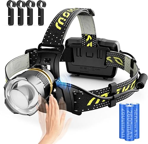 Moko Rechargeable Headlamp 2500LM, 40H Long Lasting Battery Powered, 7 Modes Headlight with Motion Sensor, IP68 Waterproof 90 Adjustable Head Lamp,