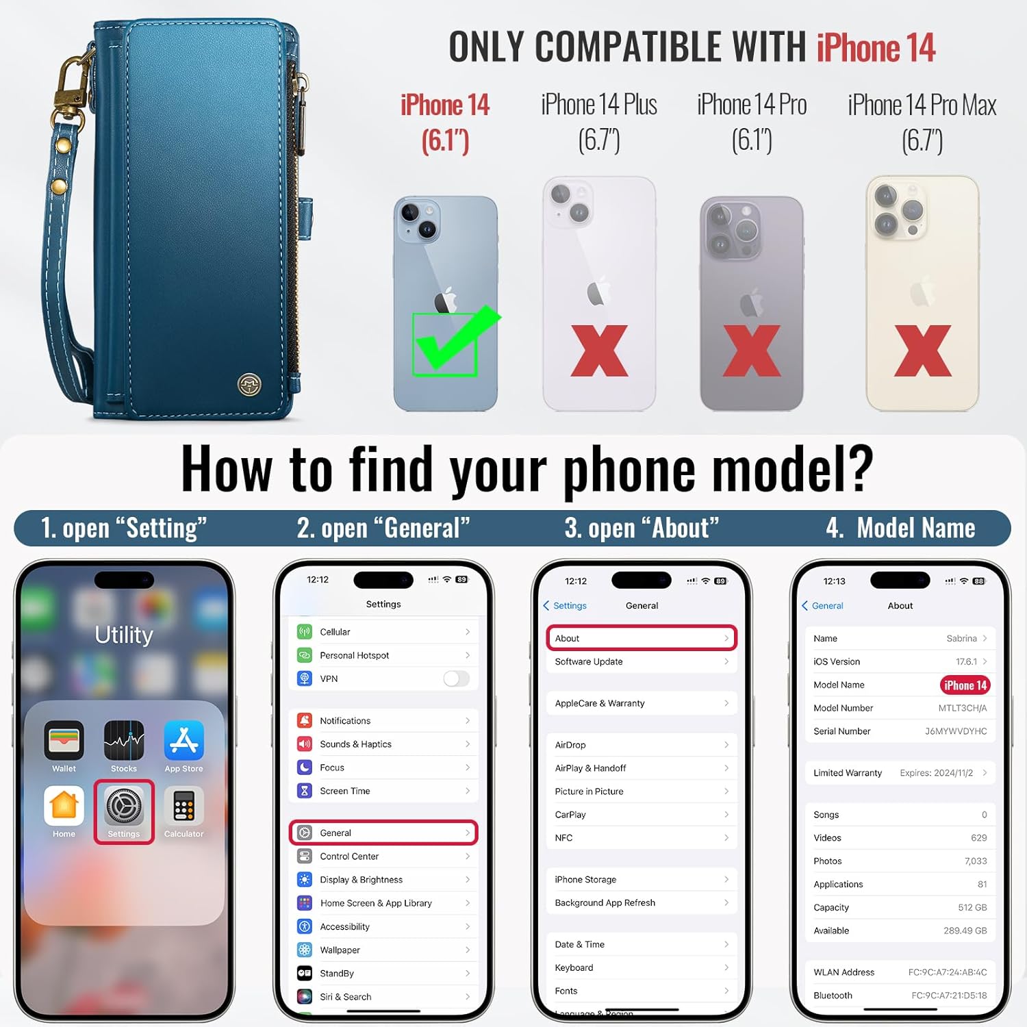 Defencase Compatible with iPhone 14 Case Wallet with RFID Blocking Card Holder for Women and Men, Fashion PU Leather Magnetic Snap Flip Zipper Strap Wallet Phone Case Fit for iPhone 14 6.1", Dark Blue