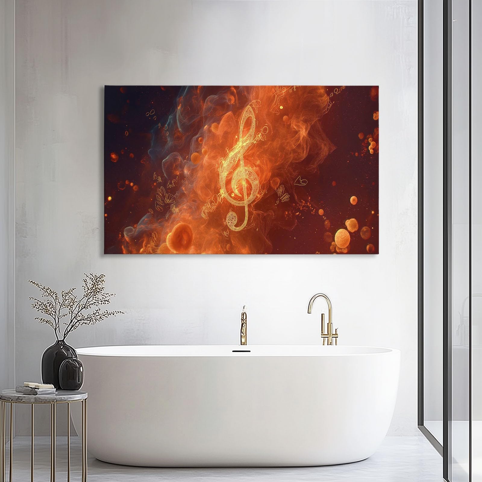 Generisch Orangerot Musik Musiknoten Flamme Modernes Leinwandbild 140L x 70B cm mit Rahmen, Modern XXL Wanddeko für Wohnzimmer Geschenk Idee Einzug - Hochwertiger Kunstdruck auf Holzrahmen