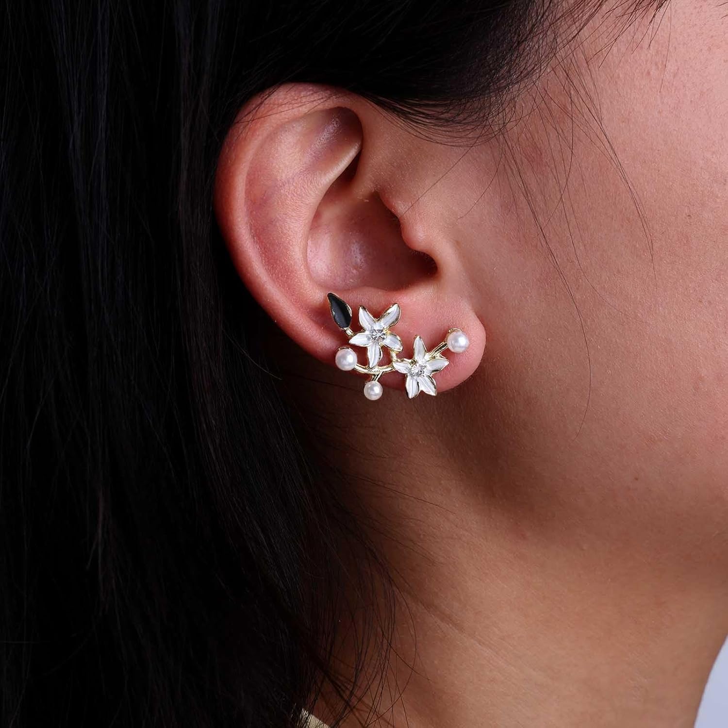Vintage Pearl Flower Ear Climber Earrings White Enamel Flower Earrings Gold Flower Pearl Climber Crawler Earrings Tiny Pearl Flower Petal Earrings Jewelry for Women - Image 2