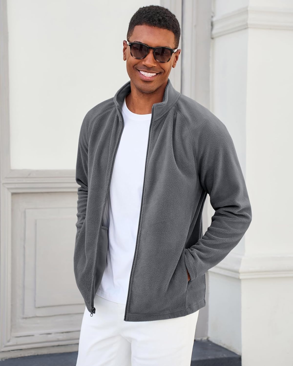 Runcati Mens Fleece Jacket Full Zip Lightweight Stand Collar Warm Jackets Casual Outdoor Windproof Coat with Pockets - Image 3