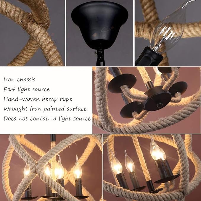 HWSY 3/4-lichts fancy henneptouw lamp vintage vloerlamp kroonluchter ronde hangende ijzeren kooi hanglamp geschikt voor restaurants keukens klassieke plafondlamp Interesting photo 2