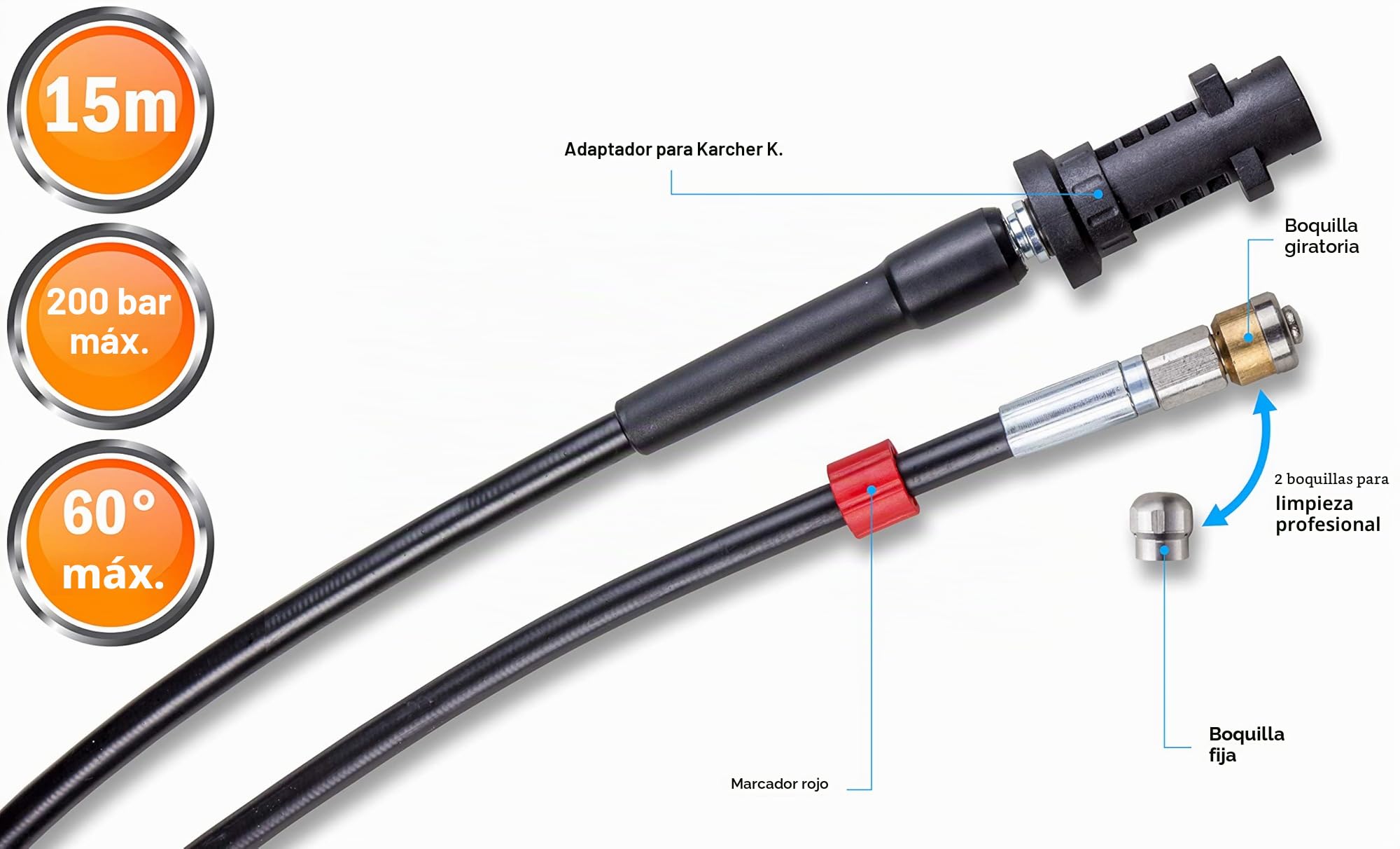 Desatascador de Tuberias para Hidrolimpiadora 15m, 200 bares - Manguera de Limpieza compatible con Karcher, Parkside, Lavor, Bosch Professional - Boquilla Fija, Boquilla Giratoria KNOFER