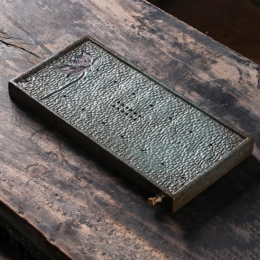 PA-DABAOO Retro Ceramic Tea Tray with Lotus Pattern,Tea Serving Tray with Draining Board for Dry-Brewing/Wet-Brewing Method,Chinese Gongfu Trays for Teapot Coffee Serving Table,Green