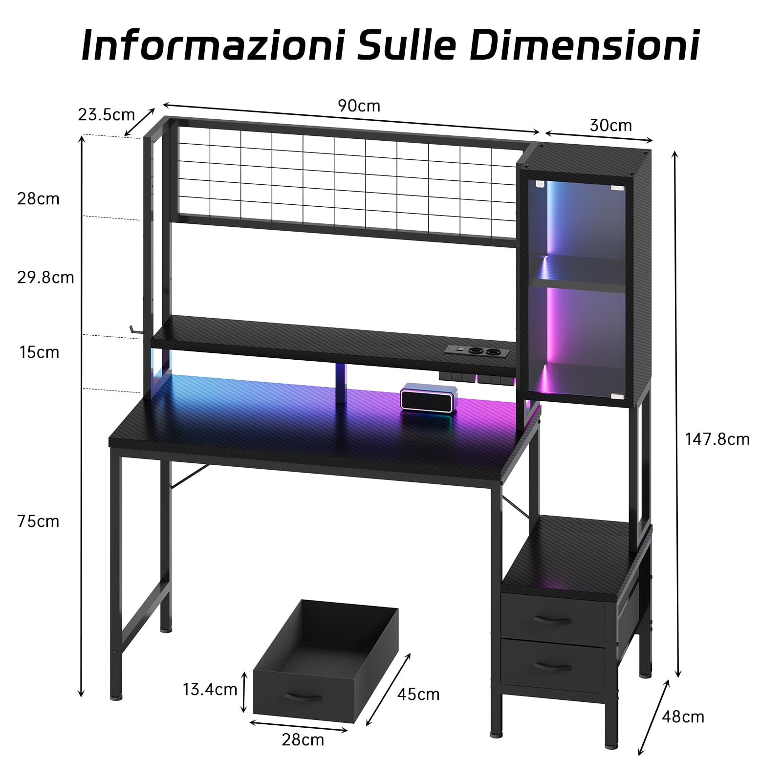 Devoko Scrivania Da Gaming Angolare Con LED E Prese, 120 cm, Arredamento Per Ufficio, Con Ganci E 2 Cassetti In Tessuto, Ideale Per il Telelavoro E I Videogiochi, Nera | Con ganci e 2 cassetti in tessuto, Perfetta per telelavoro e videogiochi